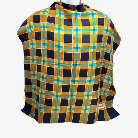 Vintage Yves Saint Laurent Scarf100% silk satin  31"Blue Rusty White Check (26) - Picture 3 of 11